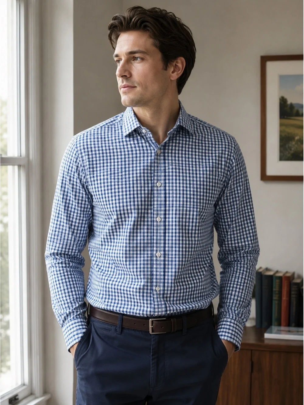 Banana Republic Men’s Standard Fit Non-Iron 100% Cotton Blue Check Shirt Size S
